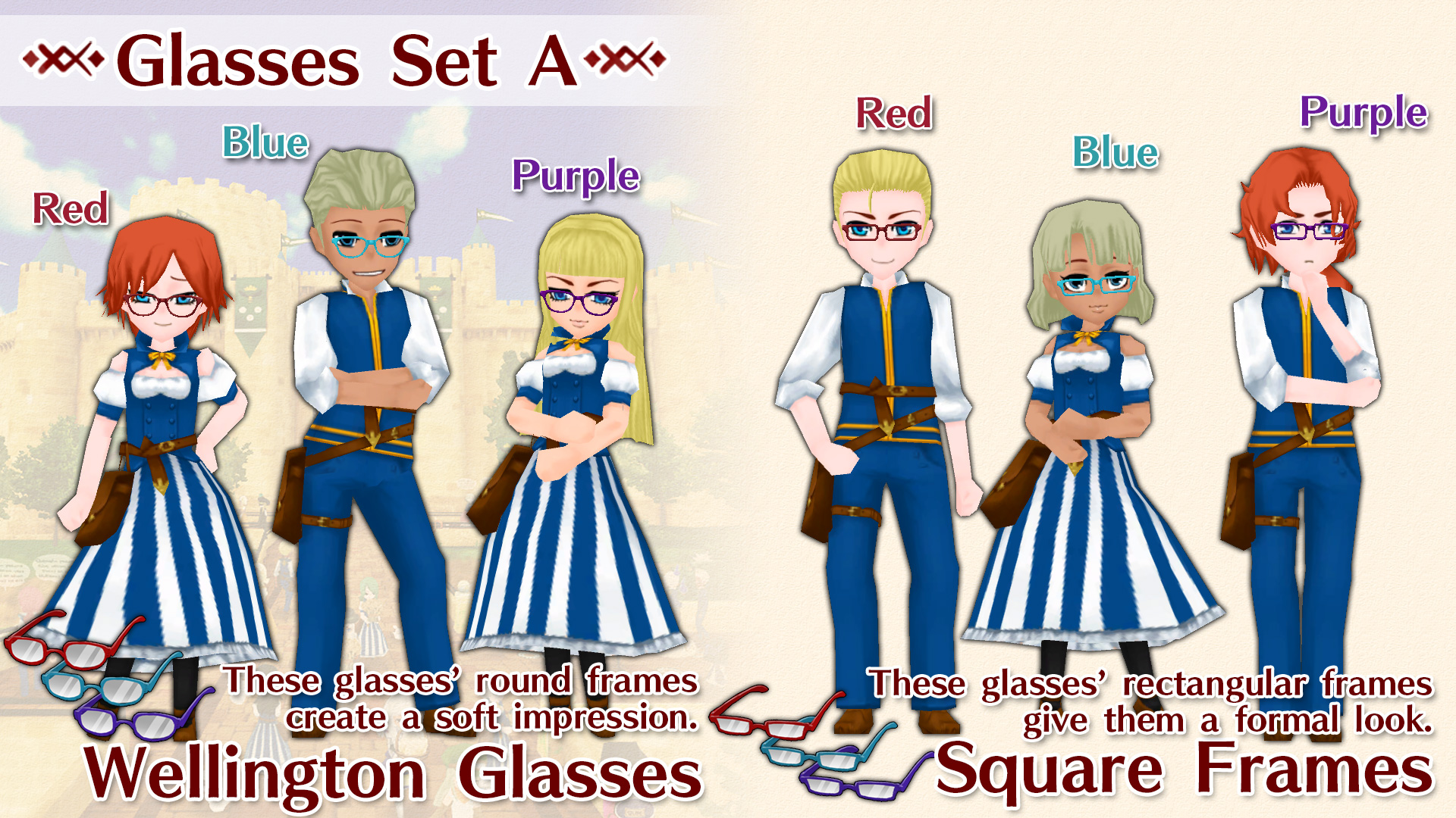 Glasses Set A ( Wellington Glasses, Square Frames, "color:Red,Blue,Purple" )
