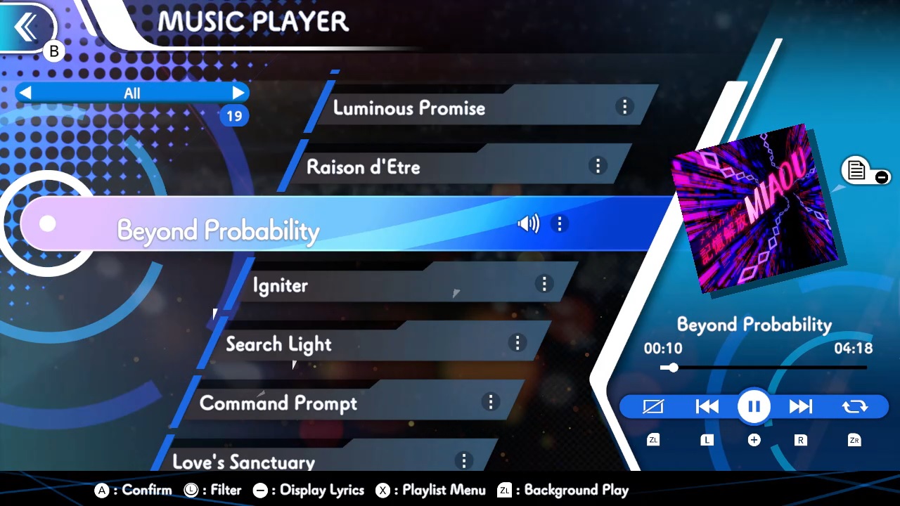GUNVOLT RECORDS Cychronicle Song Pack 4 Lola: ♪Raison d'Etre ♪Search Light ♪Beyond Probability ♪Love's Sanctuary