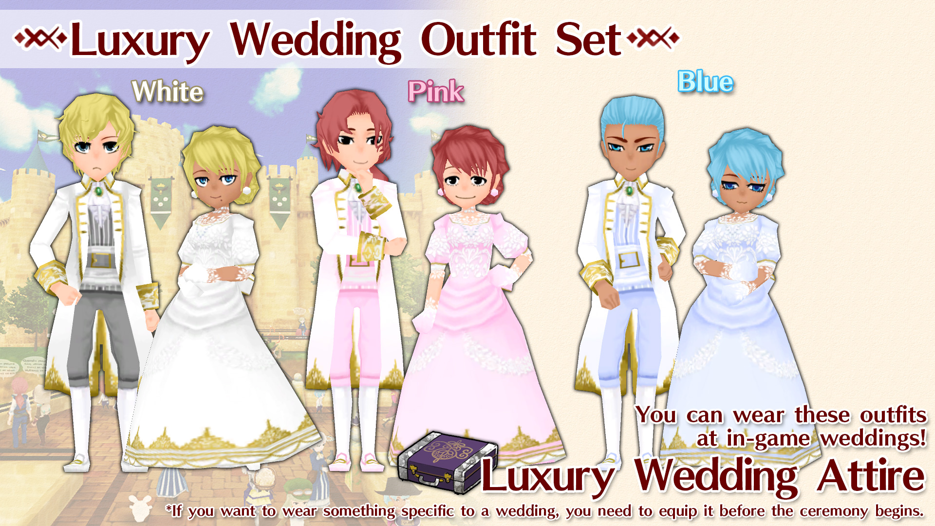 Luxury Wedding Attire Set ( White, Pink, Blue )